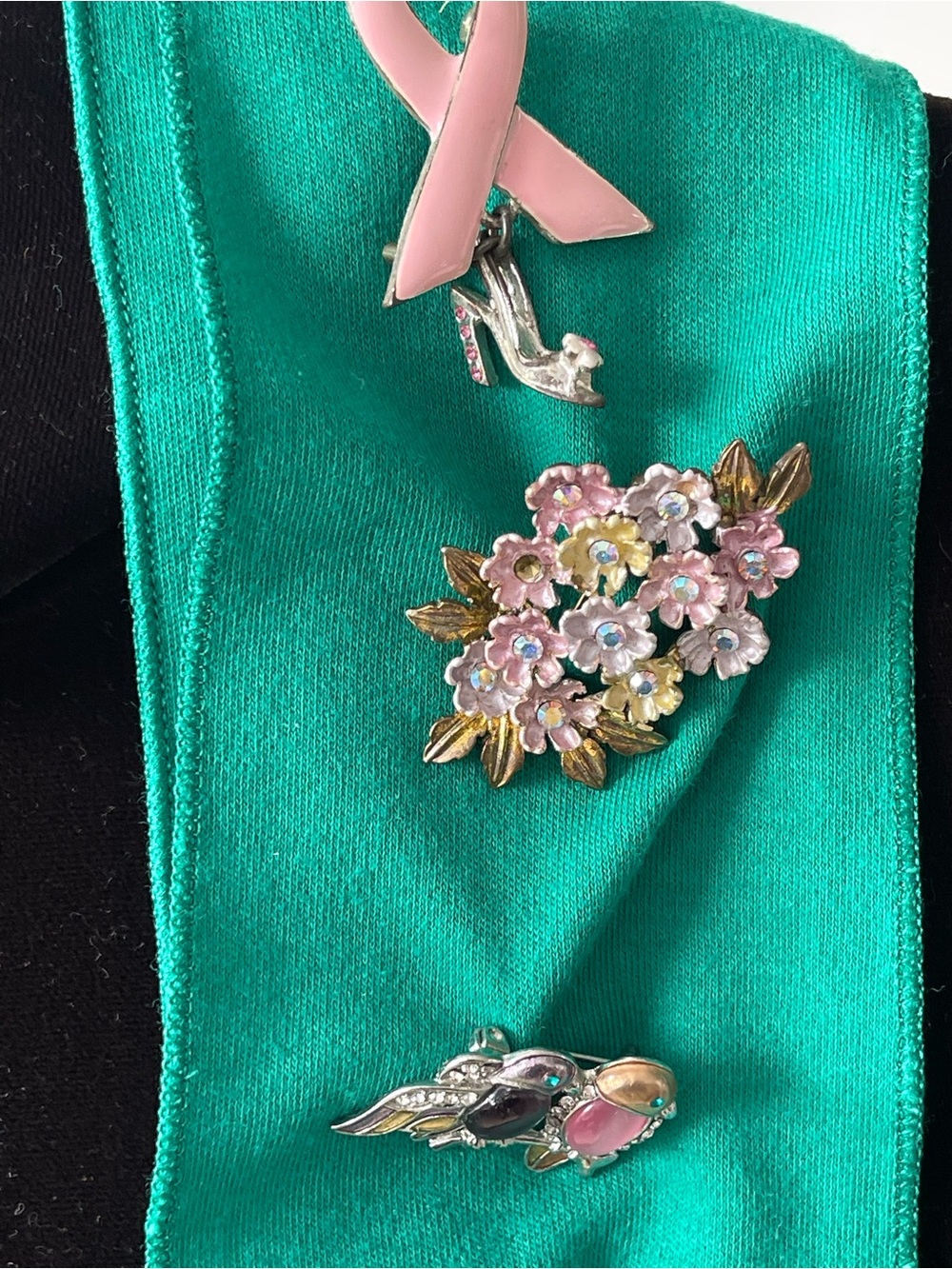 Pink Floral Cluster of three Brooches and scarf - Women Accessories